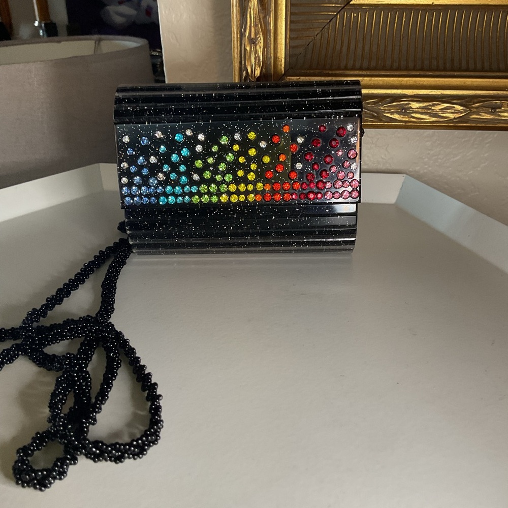KURT GEIGER MINI PARTY CLUTCH REMOVABLE BEADED STRAP BLACK WITH CRYSTALS NWOT - Picture 1 of 11